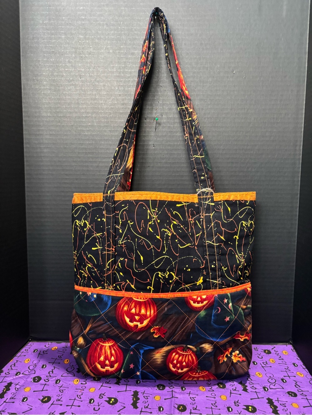 Quilted Halloween Jack O Lanterns Witches Brooms Tote Bag - Picture 2 of 3